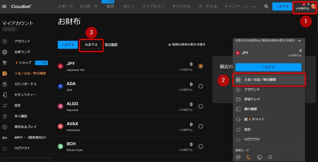 クラウドベットの仮想通貨出金方法１