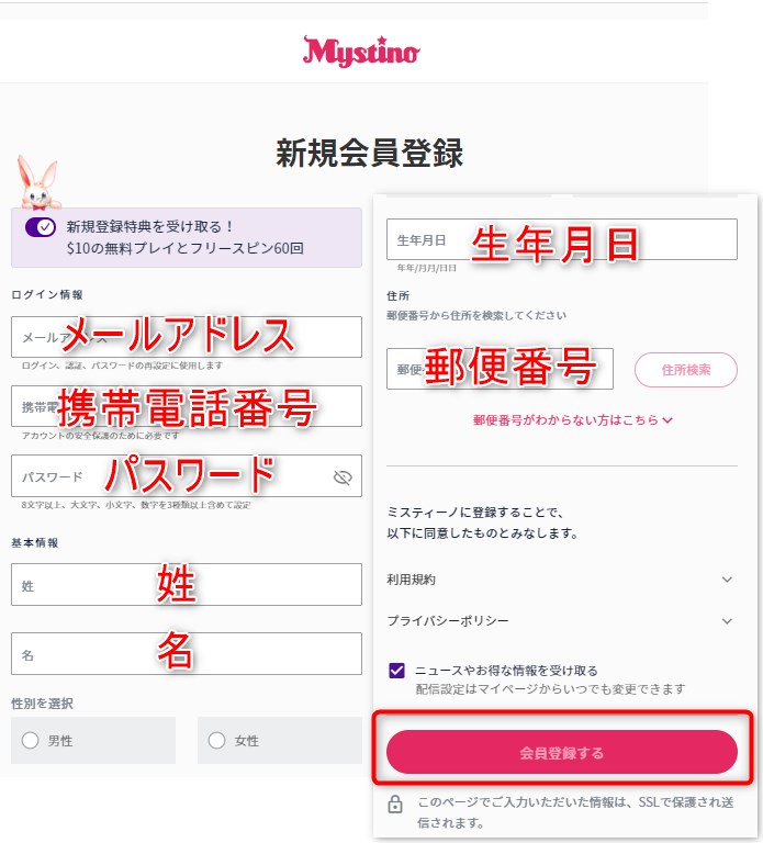 ミスティーノカジノの登録方法２