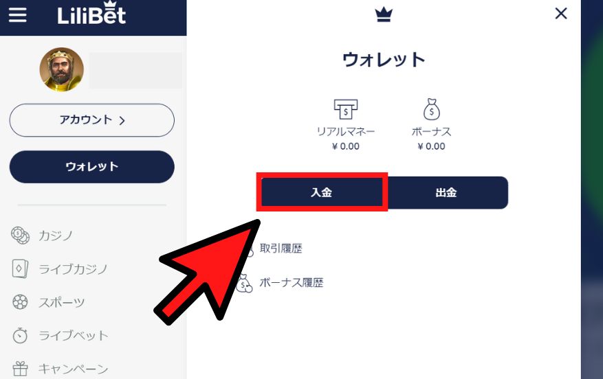 リリベットカジノの入金方法２
