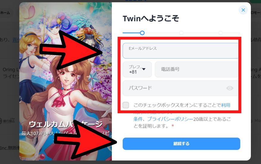 ツインカジノの登録方法２