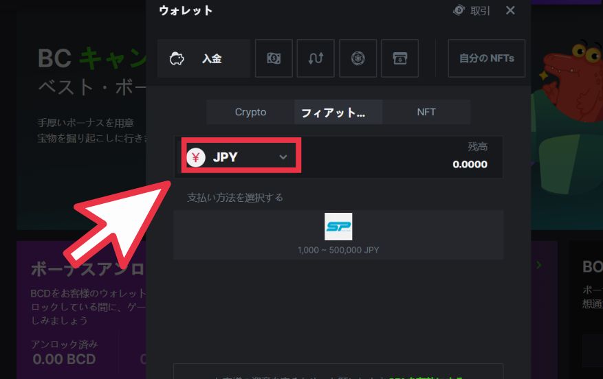 BCGAME(ビーシーゲーム)へ銀行送金を使って入金する際に法定通貨を選択する様子