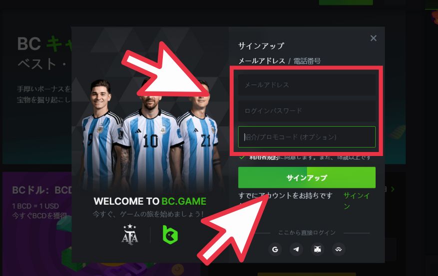 BCGAME(ビーシーゲーム)に登録する際にアカウント情報を入力する様子