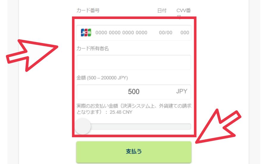 カジノエックスの入金に必要な情報を入力する様子