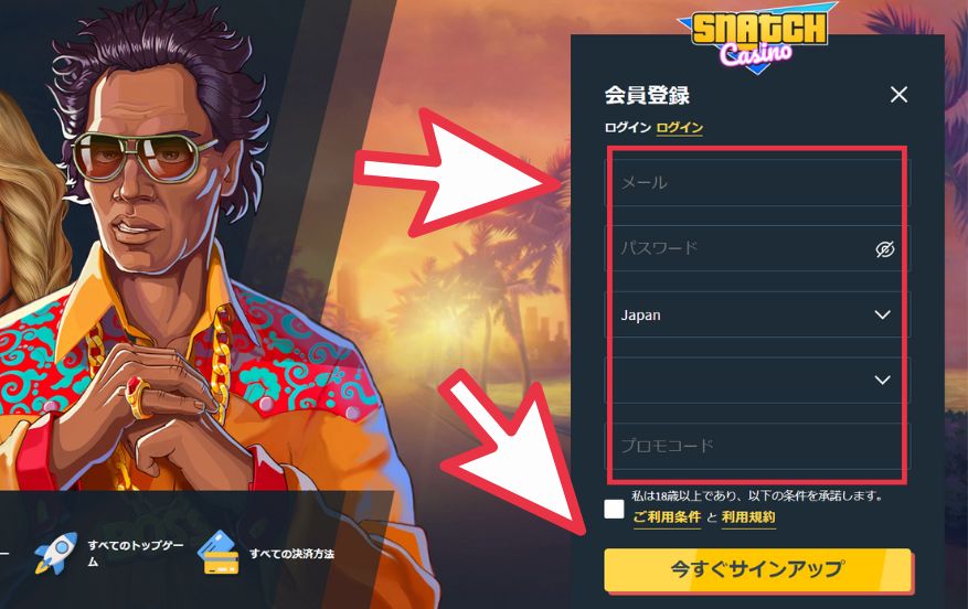 スナッチカジノに登録する際に必要情報を入力する様子