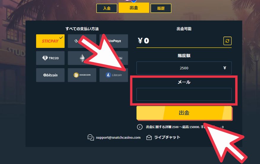 スナッチカジノから出金する際に必要情報を入力して出金ボタンをクリックする様子