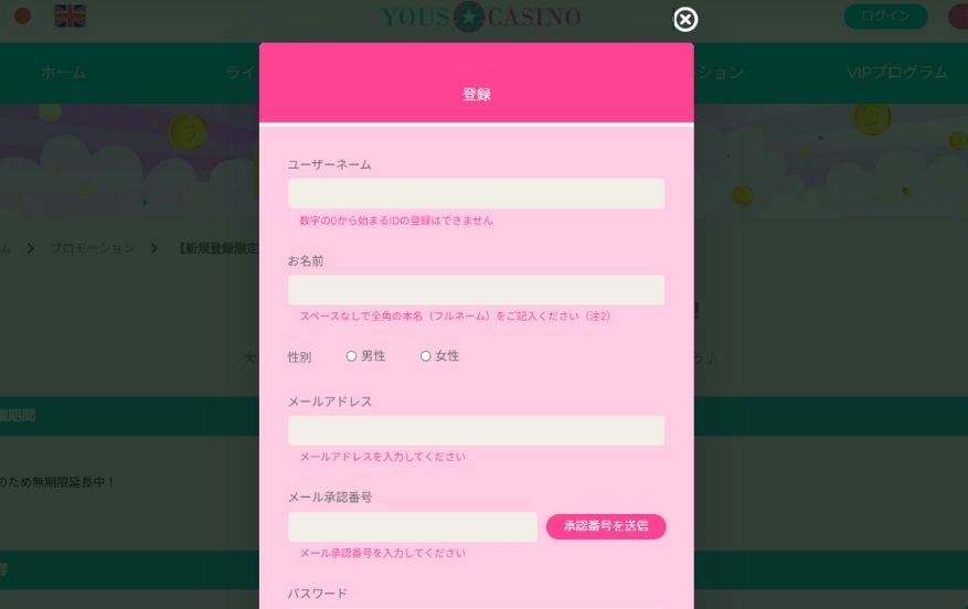 ユースカジノの入金不要ボーナスを受け取る際にアカウント情報を入力する様子