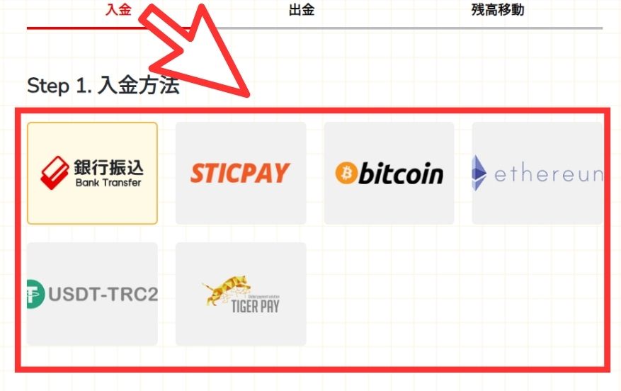 7スピンカジノに入金する際に入金方法を選択する様子